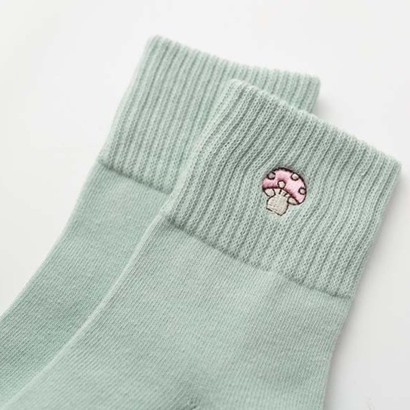 Embroidered Mushroom Ribbed Mid Calf Y2K Cotton Socks - Picture 14 of 15